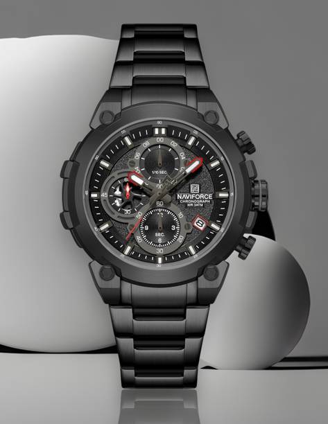 Black choronograph dial with date window and black stainless steel Analog Watch - For Men NF8071 Rugged Watch with Date and Stopwatch Features