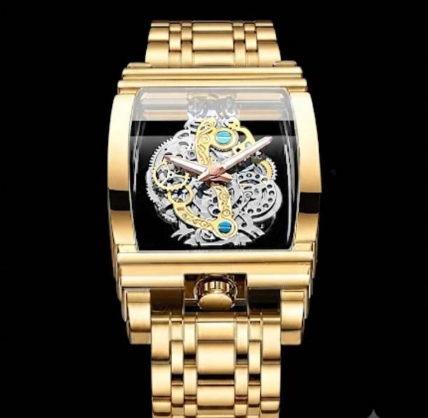 Gold-Tone Skeleton Automatic Timepiece Analog Watch  - For Men Luxury Tonneau-Shaped Wristwatch