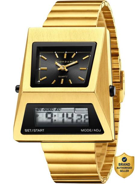 Triangle Shape Black Dial, Dual Time Display, Gold Stainless Steel Strap Analog-Digital Watch  - For Men GZ-50205-22