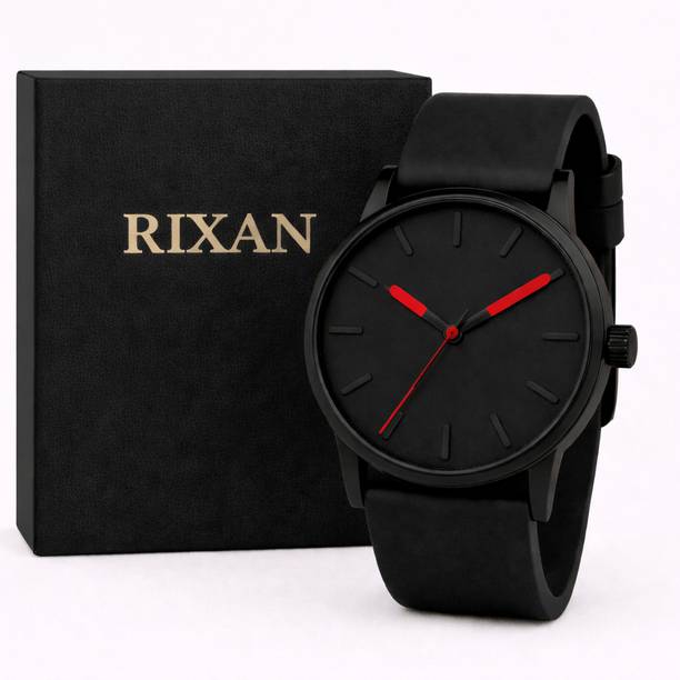 Rixan Redkata BR01 Modern Full Black Quartz Watch with Black Strap Black Dial Analog Watch for Men with Red Accents & Black Silicone Strap Analog Watch  - For Men