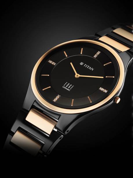 Titan Edge Ceramic Quartz in Midnight Gold with Diamonds and Black Dial Analog Watch  - For Men