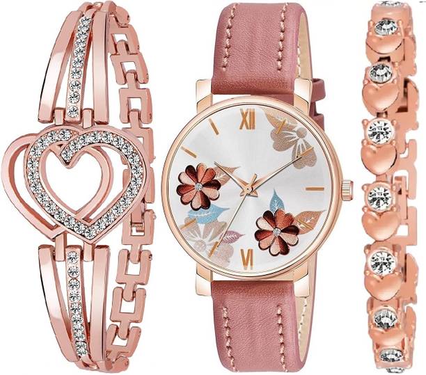 Analog Watch  - For Women Latest Designer Printed Dial Pink Leather Strap 2 Bracelet For Girls