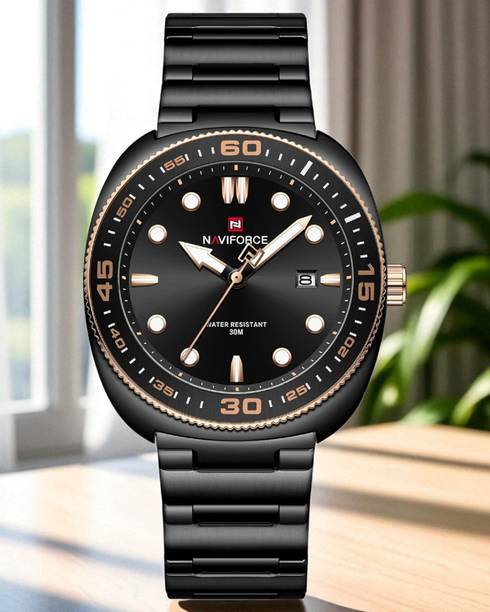 NAVIFORC NF9250 Rounded Square Black Date dial with black stainless steel strap Analog Watch  - For Men