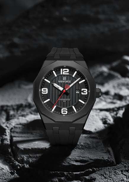 NAVIFORCE Stylish Black Case And Matching Strap With Red-Tipped Second Hand Analog Watch  - For Men