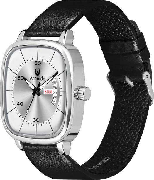 ARMADO AR-MH-1281503-Diamond Silver Armado Black Silver Cushion Dial Day & Date Working Genuine Leather Strap Analog Watch  - For Men