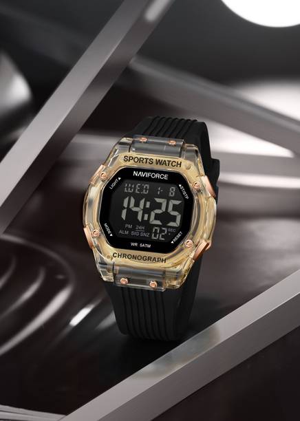 RoseGold Black Square lcd display with silicone strap Digital Watch - For Men NF7113 Retro-cool vibes with rugged functionality