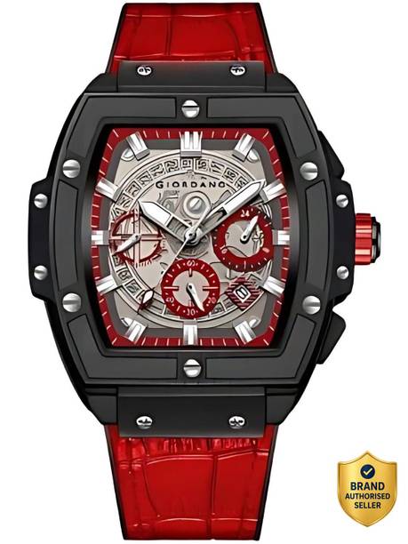 Multifunction Square Dial, Date Display and Red Leather Strap Analog Watch - For Men GZ-50098-04