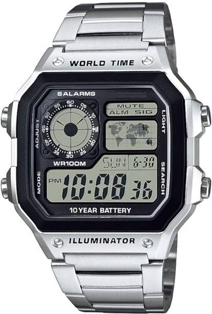 Digital Watch - For Men Digital World Time Watch | 5 Alarms, World Map Display | Stainless Steel Strap