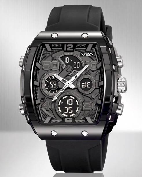 Unique Tonneau Case & Multi-Layered Dial Design Analog-Digital Watch - For Men Bold Fashion Performance Watch with 3 Time Zones, Countdown