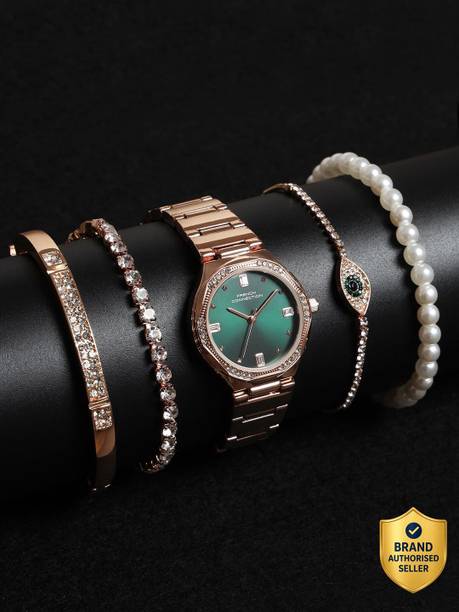 Gift set Rose Gold Jewellery and Green Dial Analog Watch - For Women FCB6NRGM