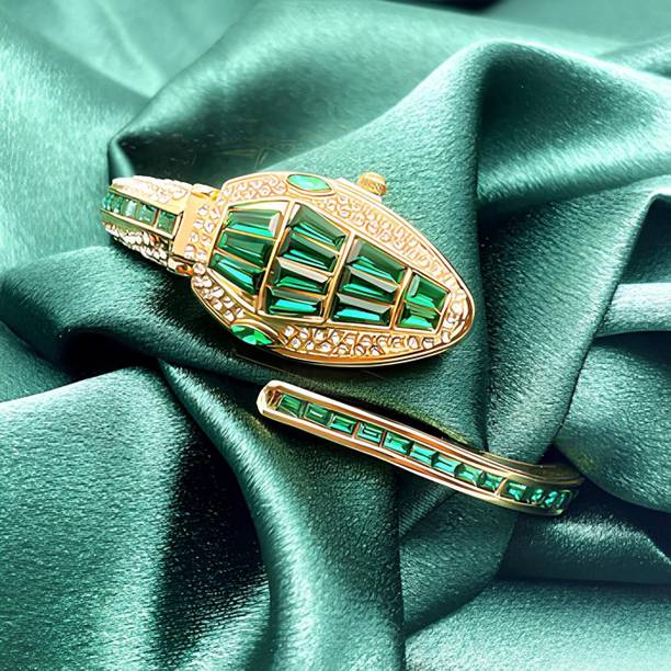 Luxury Snake Watch for Women Gold Plated Bracelet with Green Crystal Dial Analog Watch - For Women SN-WAT-GREEN
