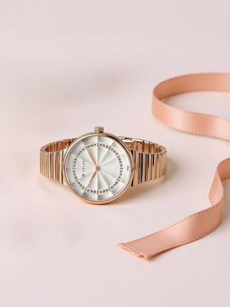 Titan Aura Silver Dial Rose Gold Stainless Steel Strap Analog Watch - For Women NT95245WM02