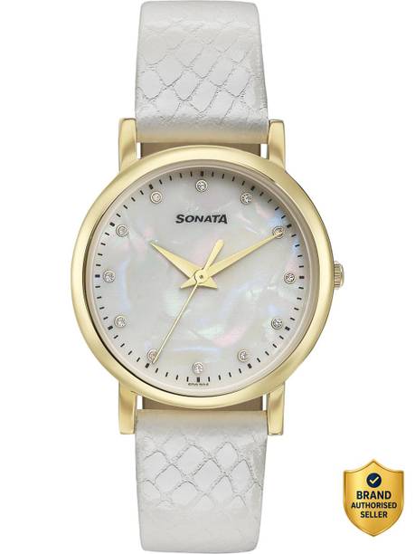 Sonata Glam Gold MOP Dial White LeatherStrap Analog Watch - For Women 87063YL02W,NU87063YL02W