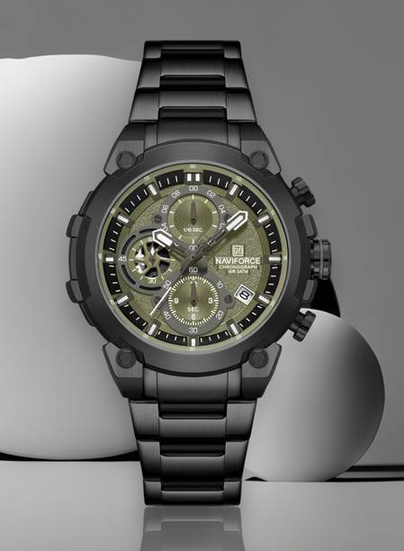Green choronograph dial with date window and black stainless steel Analog Watch - For Men NF8071 Rugged Watch with Date and Stopwatch Features