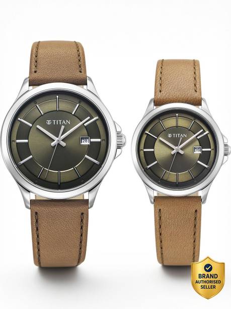 Titan Bandhan Green Dial Brown LeatherStrap Couple Analog Watch  - For Couple 9401194211SL01,NT90140QM02,90140QM02,NU9401194211SL01