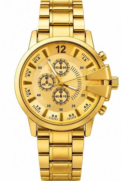 QUANTEX GLOWME Oversized Gold Dial Stainless Steel Chain Analog Watch For Men GLOWME Men's Oversized Gold Dial Analog Watch (Gold Stainless Steel Strap Analog Watch  - For Men