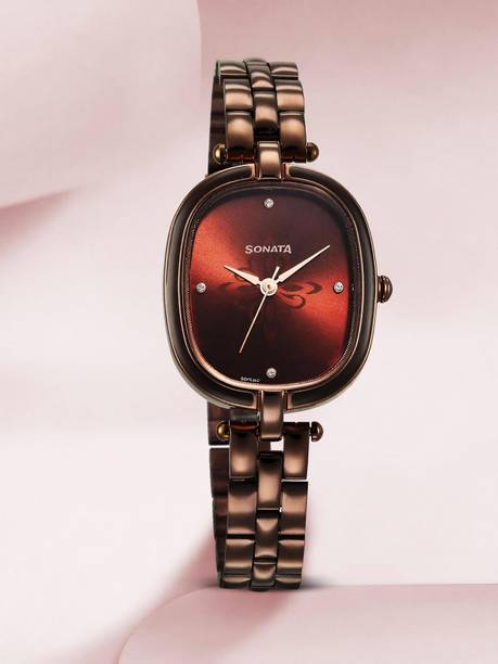 Sonata Utsav Brown Dial Brown Stainless Steel Strap Analog Watch - For Women NT8168QM01,NU8168QM01
