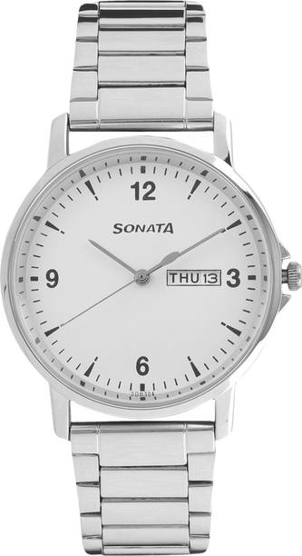 Sonata ESSentials White Dial Silver SS Strap Analog Watch - For Men NT77083SM01