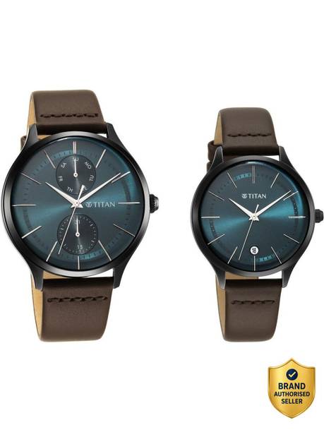 Titan Bandhan Green Dial Brown LeatherStrap Couple Analog Watch  - For Couple AK5012GPBK,NT9400494204QL01,NU9400494204QL01