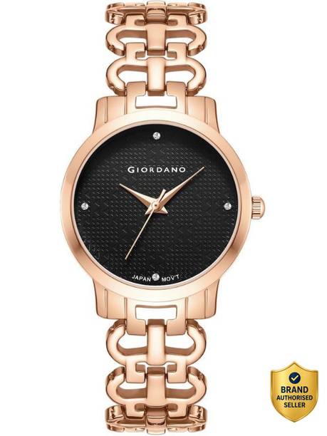 Black Textured Round Dial, Crystal Hour Markers & Stainless Steel Strap Analog Watch - For Women C2204-33