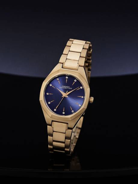 French Connection Rhinestone Blue Sunray Dial | Women's Analog Rose Gold Watch Analog Watch  - For Men