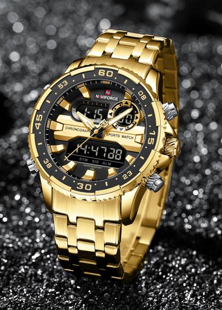 Versatile combination of Gold strap and Black dial Analog-Digital Watch - For Men NF9234 Multi-Function Dual-Display Heavy Machinery Design