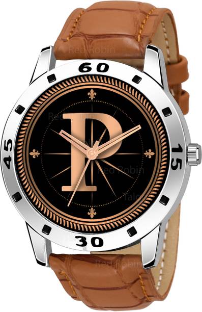 Gadgets World -AVO-SIL-TAN-CRL Fancy Design Stylish ALPHABET P Dial Beige Leather Strap Men Wrist Watch Analog Watch  - For Boys