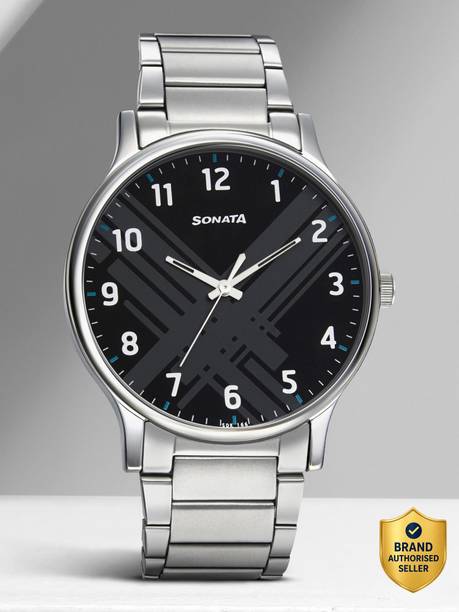 Sonata Smart Plaid Black Dial Silver Stainless Steel Strap Analog Watch - For Men NT77105SM02W,NU77105SM02W