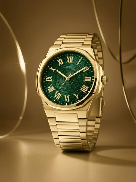 MONARQUE Roman Number Green Sunray Textured Dial | Men's Gold Stainless Steel Analog Watch - For Men FCN0125GM