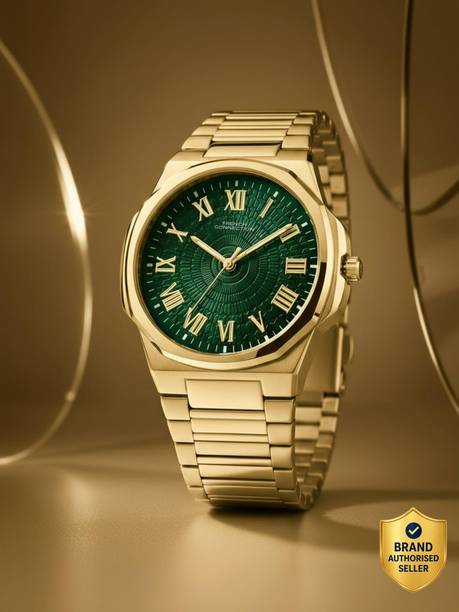 MONARQUE Roman Number Green Sunray Textured Dial | Men's Gold Stainless Steel Analog Watch - For Men FCN0125GM