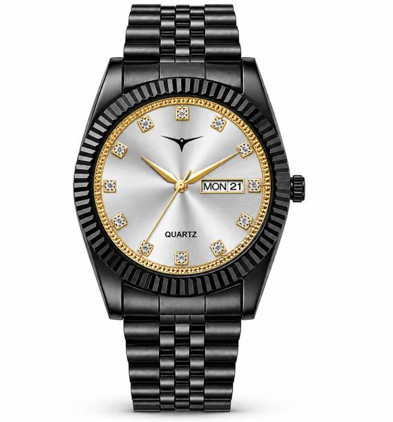 ANSHIKA COLLECTION ANC-fk-RLX-001-DD STL BLK. DL-SILVER Boys Analog Watch with Silver Dial Black Metal Bracelet Day Date Analog Watch  - For Men