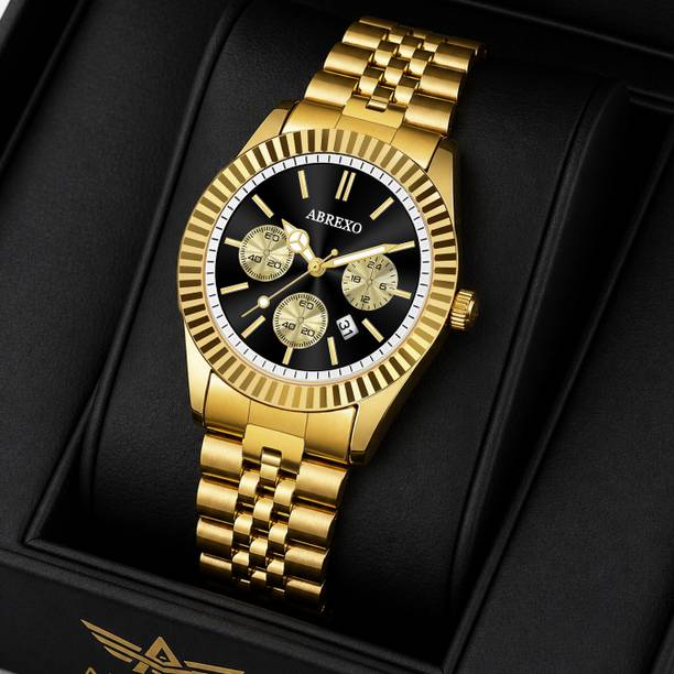 ABREXO Abx3501 Black Gold Chrono RLX BUSINESS CLASS Series Black Dial Date Working Golden Stainless Steel Watch Analog Watch  - For Men