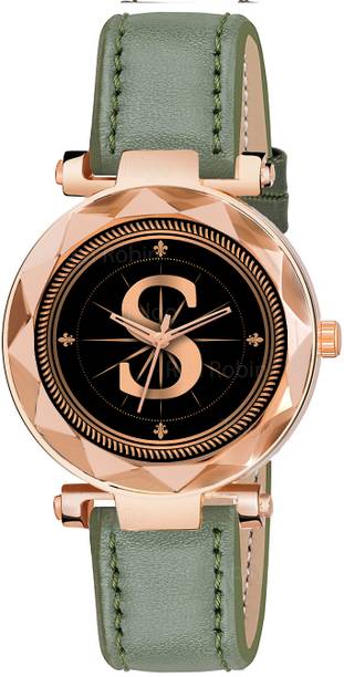Gadgets World ALPHA-S-GEN-RG-GRN-L Fancy Design Stylish ALPHABET S Dial Green Leather Strap Women Wrist Watch Analog Watch  - For Girls
