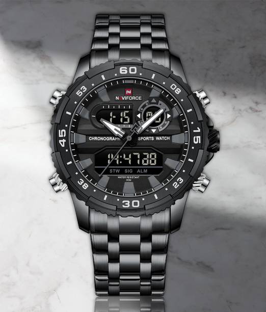 Versatile combination of Black strap and Black dial Analog-Digital Watch - For Men NF9234 Multi-Function Dual-Display Heavy Machinery Design