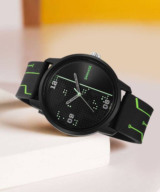 Sonata Volt Black Dial Black Polyurethane Strap Analog Watch - For Men NT77085PP21W,NU77085PP21W