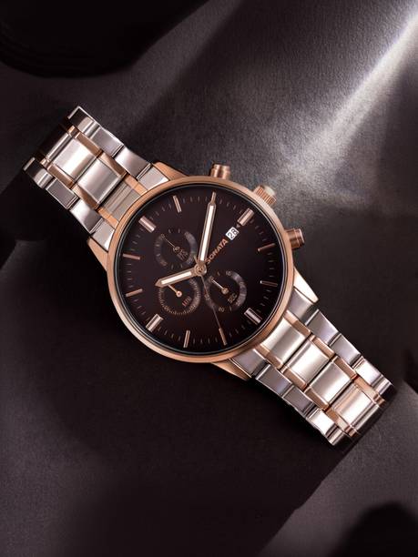 Sonata Chronograph Black Dial Silver & Rose Gold SS Strap Analog Watch - For Men 77145KM01,NU77145KM01