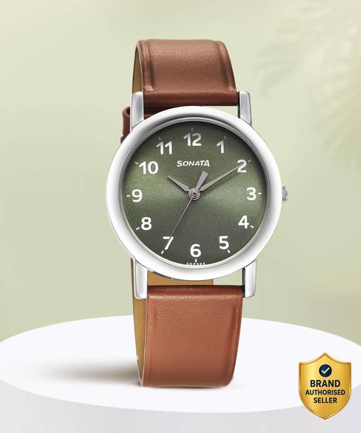 Sonata ClaStainless Steelic Olive Green Dial Brown LeatherStrap Analog Watch - For Men NT7987SL04W,NU7987SL04W
