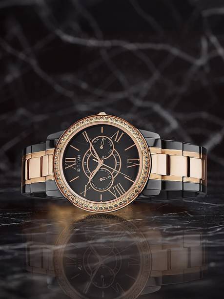 Titan Royale Multifunction Black Dial Black & Rose Gold SS Strap Analog Watch - For Men NT10002KM01