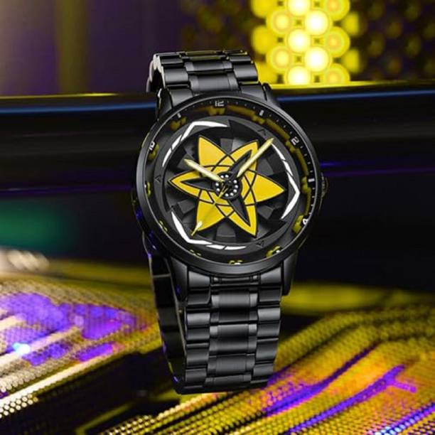 CERO YELLOWSTAR-BLK03 Unique Yellow Ninja Star Design 360° Rotating Dial Premium Black Stainless Steel Analog Watch  - For Men