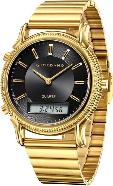 Analog-Digital Watch  - For Men Round Black Dial with Dual Display, Gold Stainless Steel Strap GZ-50209-55