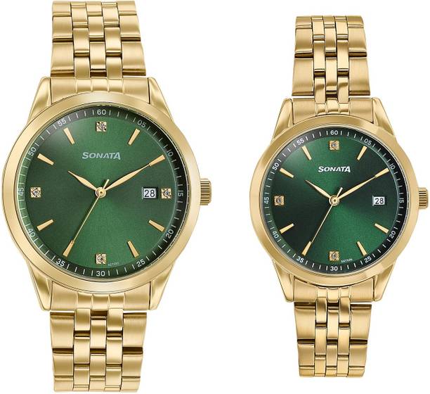 Sonata Jashn Quartz Green Dial Gold Strap Wedding Analog Watch - For Couple 7721287126YM01