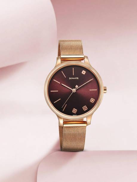 Sonata Play Maroon Dial Rose Gold Stainless Steel Strap Analog Watch - For Women NT87050WM03,NU87050WM03