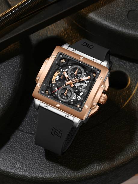 Elegant Square Silver&Rosegold accents chronograph dial with Black Silicon strap Analog Watch - For Men NF8064 Unique Craftmanship