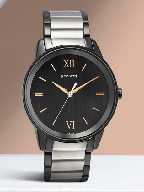 Sonata Beyond Gold Black Dial Silver & Black MetalStrap Analog Watch - For Men NT7133KM03,NU7133KM03