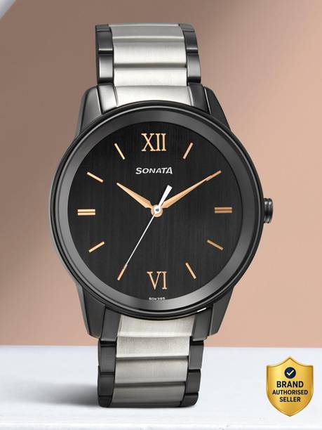 Sonata Beyond Gold Black Dial Silver & Black MetalStrap Analog Watch - For Men NT7133KM03,NU7133KM03