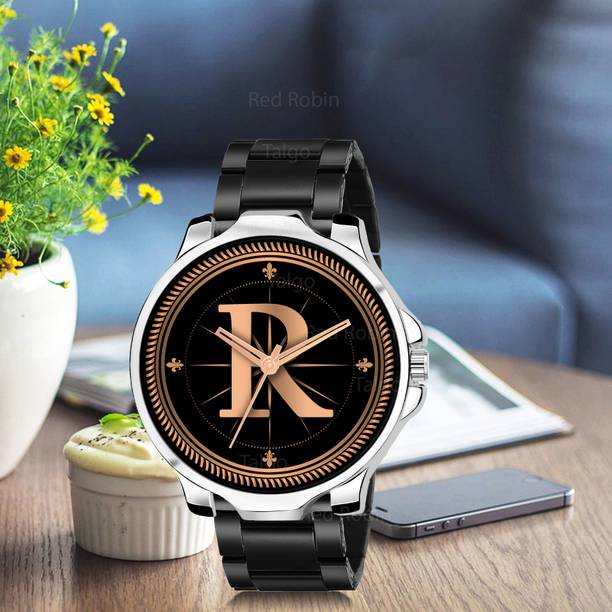 Red Robin ALPHA-R-3K-SIL-CDBLK Fancy Design Stylish ALPHABET R Dial Black Leather Strap Men Wrist Watch Analog Watch  - For Boys