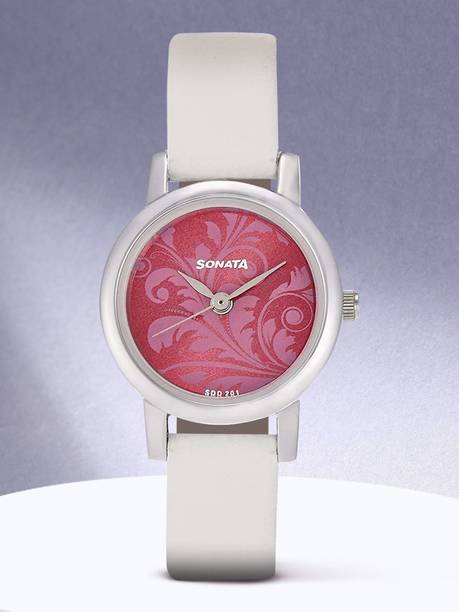 Sonata Quartz Pink Dial White Leather Strap Analog Watch - For Women NT8976SL03W
