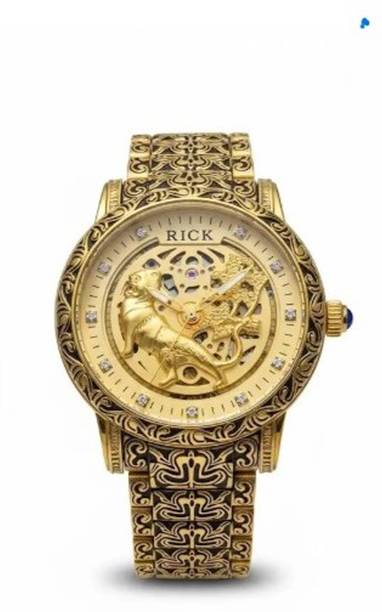 LeatherASM Gold Skeleton Mechanical Watch with Lion Dial | Premium Metal Strap | Analog Watch - For Men RICK Lion Curved Golden Dial and Chain Men Wrist Analog Watch
