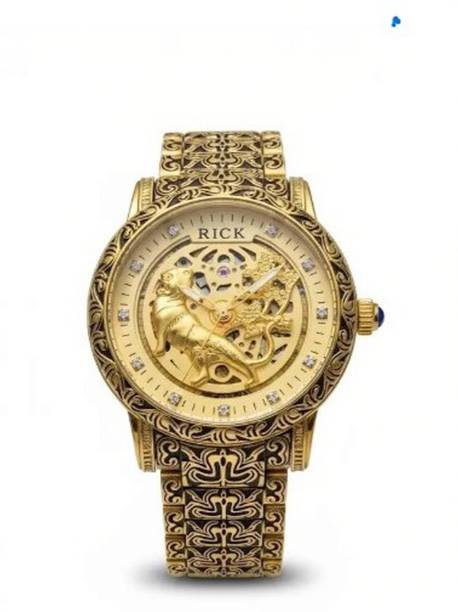 LeatherASM Gold Skeleton Mechanical Watch with Lion Dial | Premium Metal Strap | Analog Watch  - For Men RICK Lion Curved Golden Dial and Chain Men Wrist Analog Watch