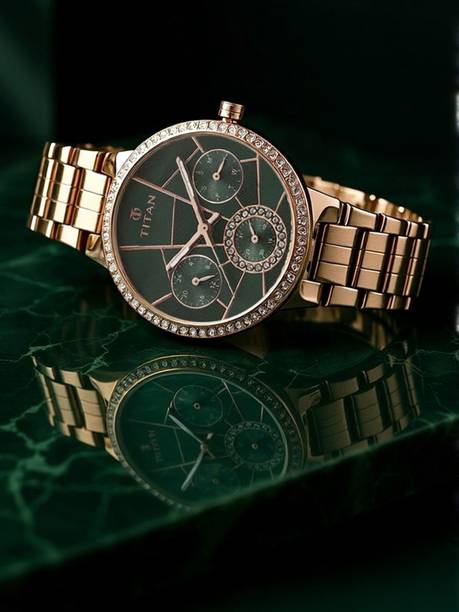 Titan Whimsy Multifunction Green Dial Rose Gold Stainless Steel Strap Analog Watch - For Women NT9315YM01,NJ1657KM02,9315YM01,NU9315YM01,NU95058WM01